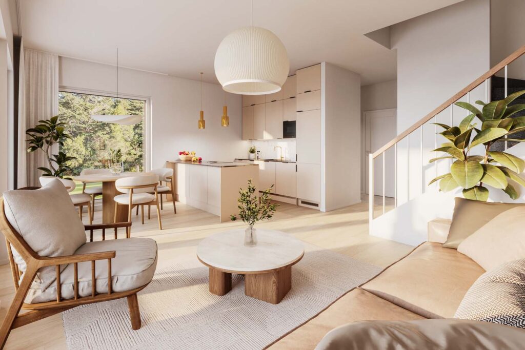 Uudiskohde: Espoon Lintulehto Myytävät asunnot | olohuone | Olas Group Oy