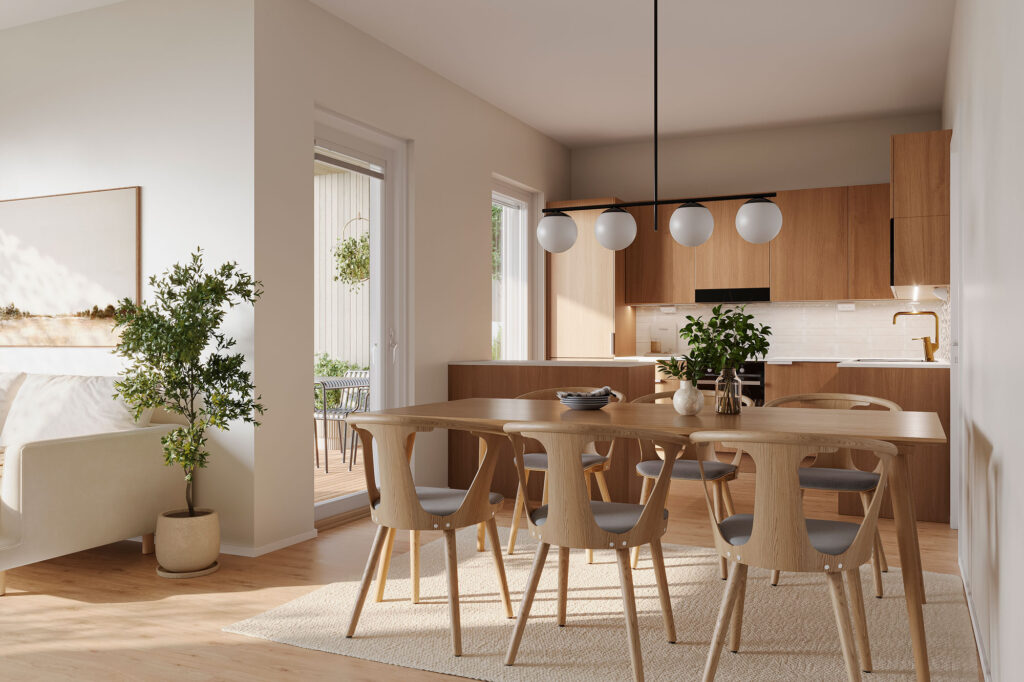 Myytävät asunnot: Espoon Kalliokyyhky | olohuone ja keittiö | Olas Group Oy