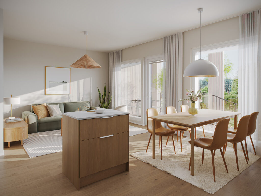 Myytävät asunnot: Helsingin Pyy | olohuone ja keittiö | Olas Group Oy